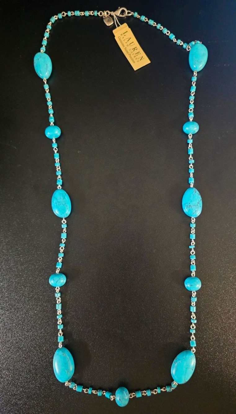 Lauren Ralph Lauren Turquoise Beaded Station Necklace Silver Tone Signed Lobster
